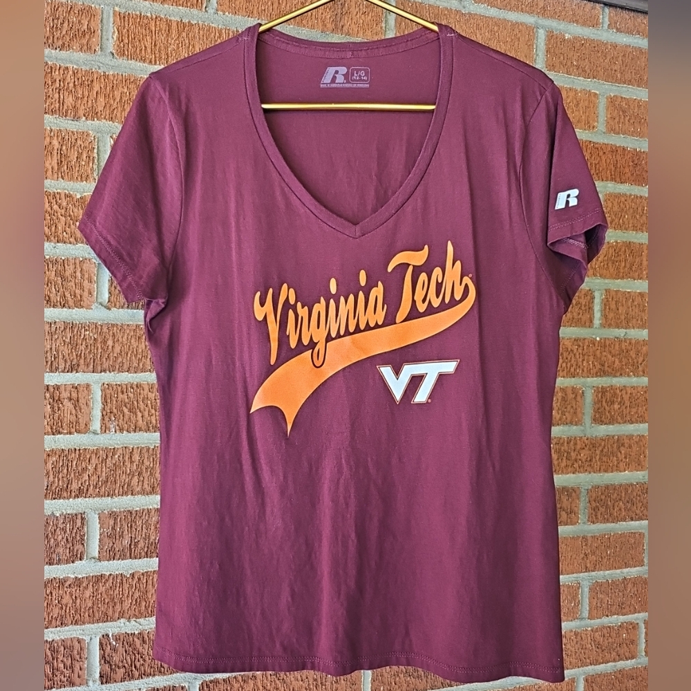 Virginia Tech logo Vneck TShirt-EUC-Maroon-Women's Large-Russell Athletic